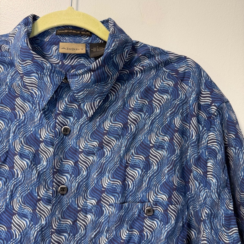 Axist Mens Washable Silk Short Sleeve Button Down‎ Shirt Blue Wavy Geometric L
